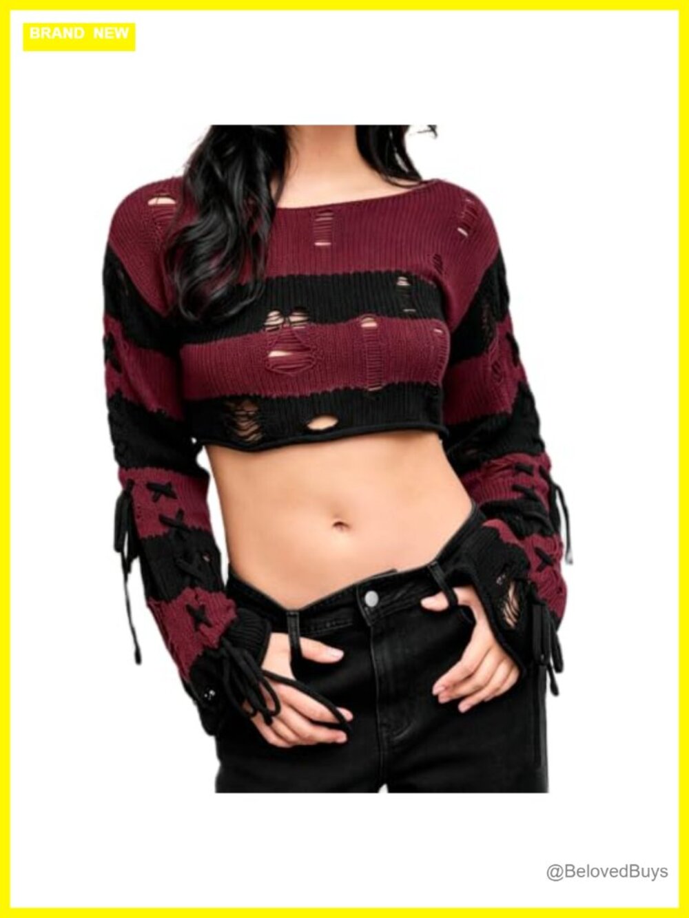 Karwuiio Goth Y2K Striped Sweater Ripped Crochet Halloween Pullover